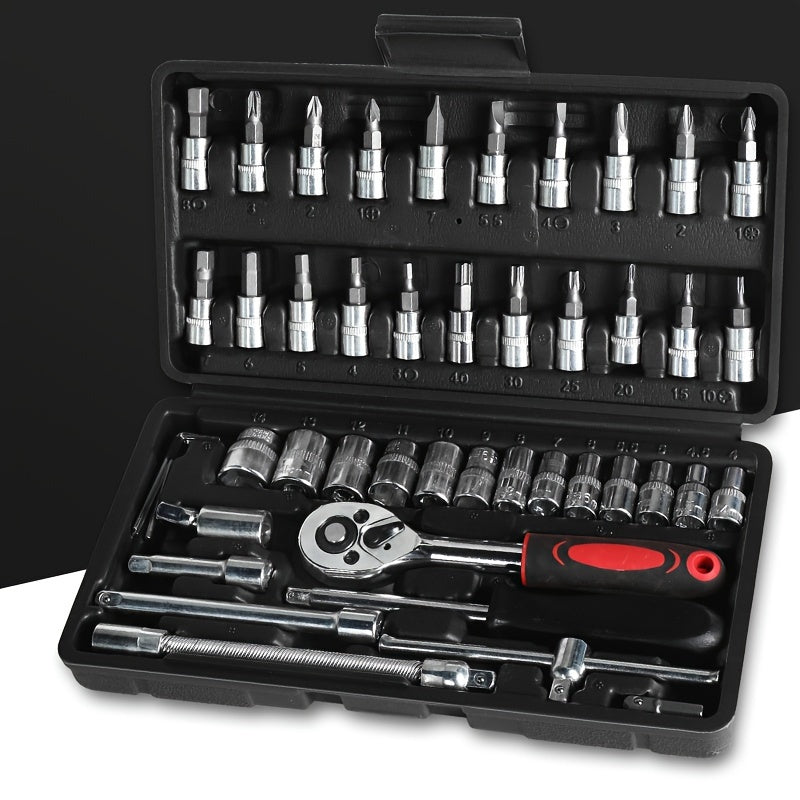 46pcs 2.54/10.16 Cm Drive Socket Ratchet Wrench Set, With Bit Socket Set, Metric And Extension Bar For Auto Repairing And Household, With Storage Case