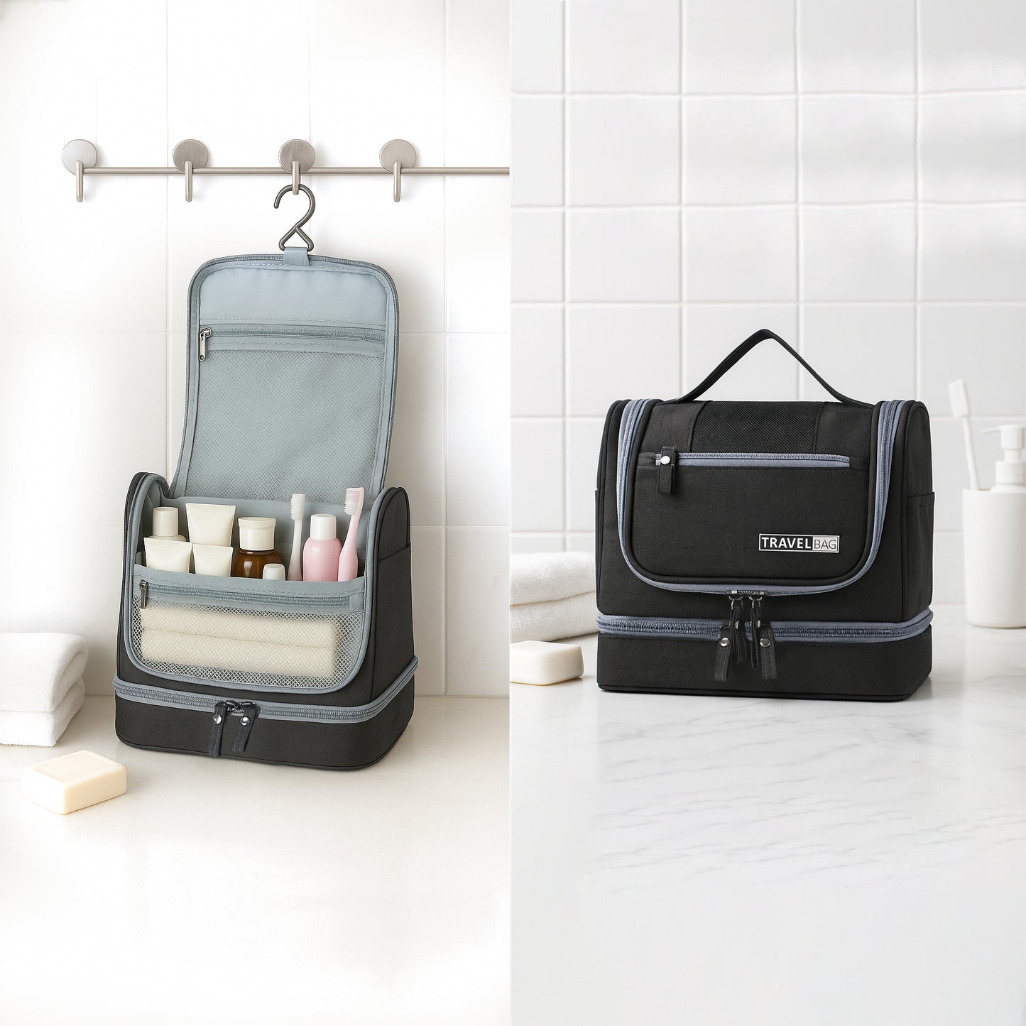 Multi-Functional Travel Organizer with Top Zipper Closure & Hanging Loop - Heavy-Duty High Quality Folding Toiletry & Cosmetic Case with Multiple Compartments, Golden-Tone Hardware, Durable Fabric Construction - Ideal for Bus