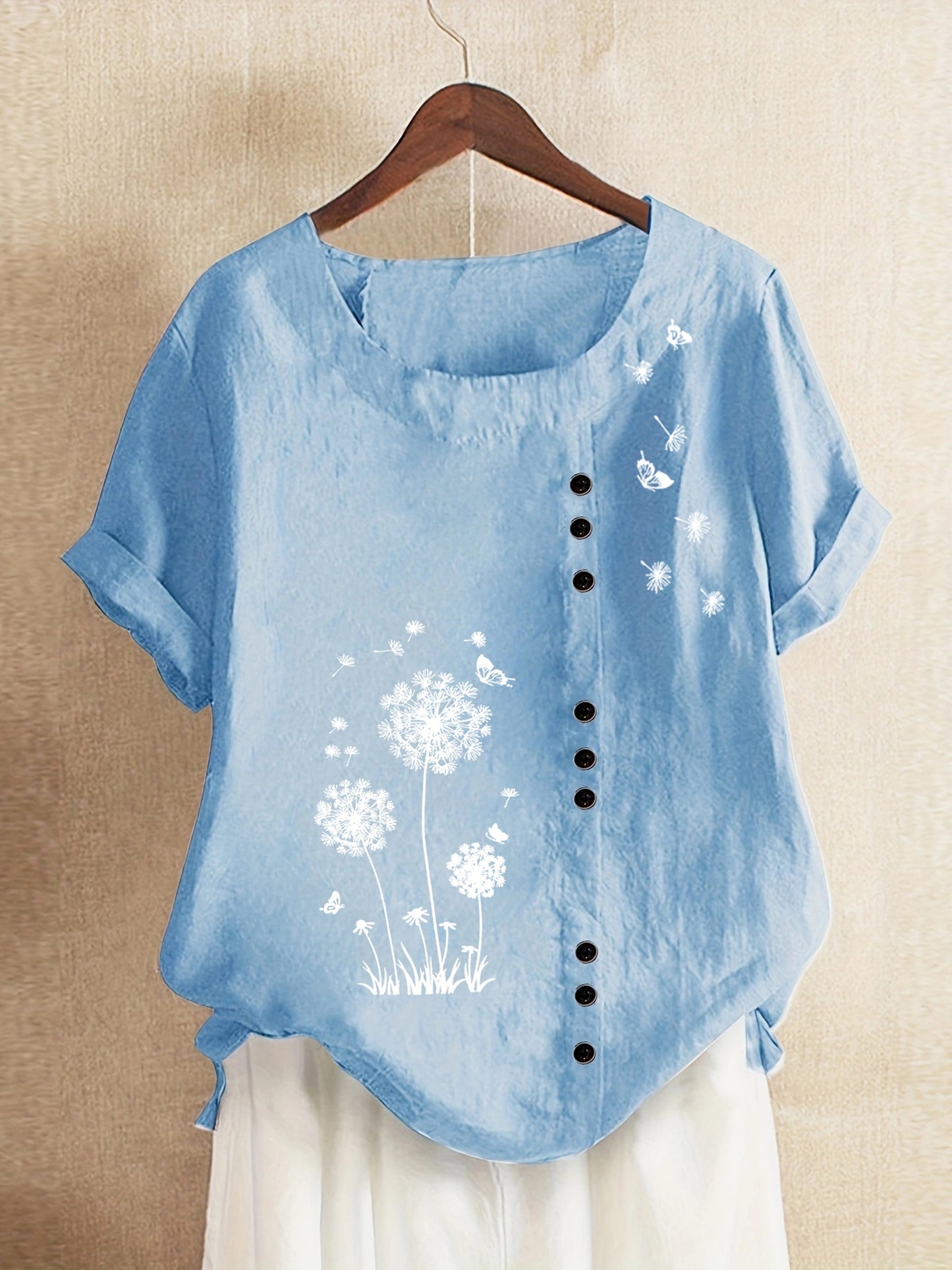 Dandelion Print Button Decor T-Shirt, Casual Crew Neck Short Sleeve T-Shirt For Spring & Summer, Women's Clothing