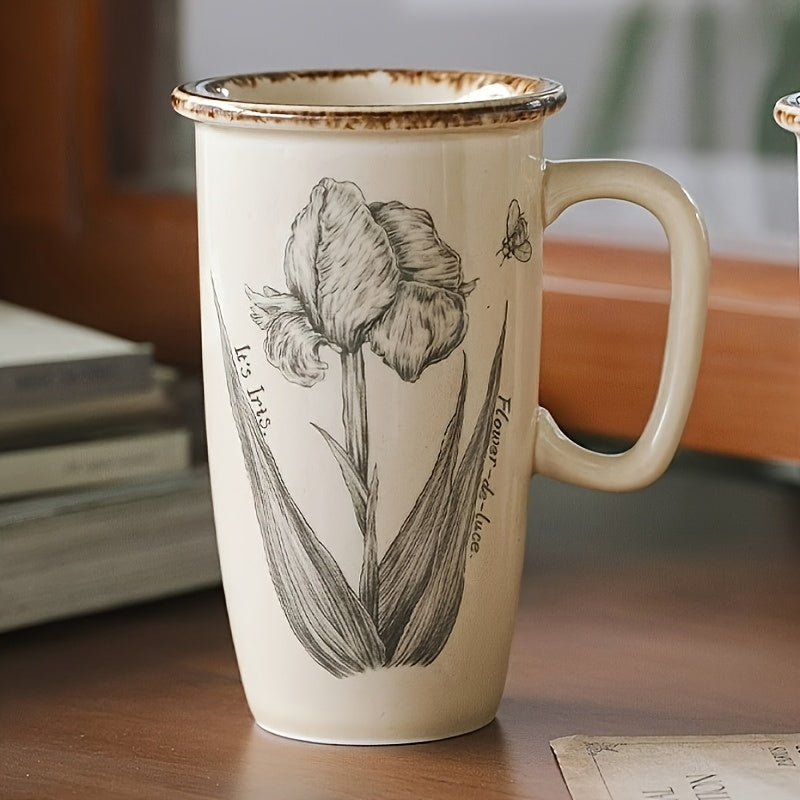 Vintage Ceramic Mug Large Capacity Flower Cup French Home Office Coffee Cup Water Cup Latte and Herbal Tea Cup, Best for Christmas, Perfect for Thanksgiving