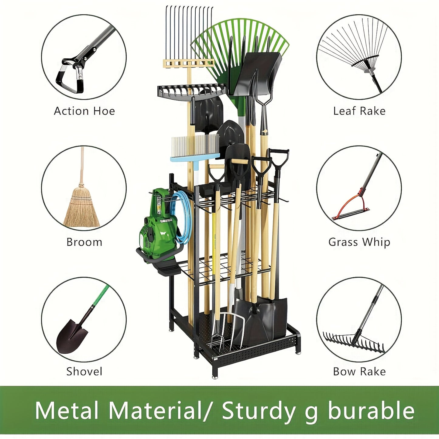 Faridabio Heavy-Duty Metal Garden Tool Organizer with Hooks - Multi-Tiered Utility Storage Rack for Long-Handled Tools, Broom, Shovel, Rake - Sturdy Outdoor Patio Storage Rack, Black (Assembly Required)