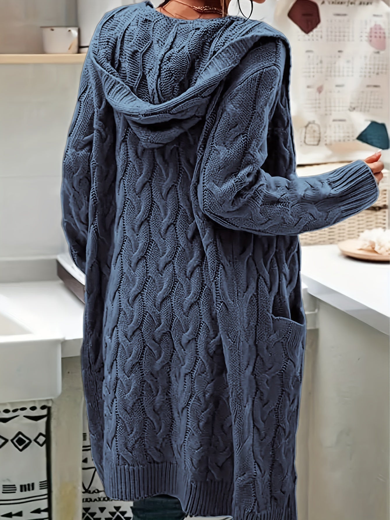 Women's Mid-Length Hooded Cardigan - Soft Stretchy Solid Color Long Sleeve Open Front Sweater with Pockets, Machine Washable Casual Elegance for Fall Winter, Everyday Comfort Wear, Stylish Hooded Design, Comfortable Fit