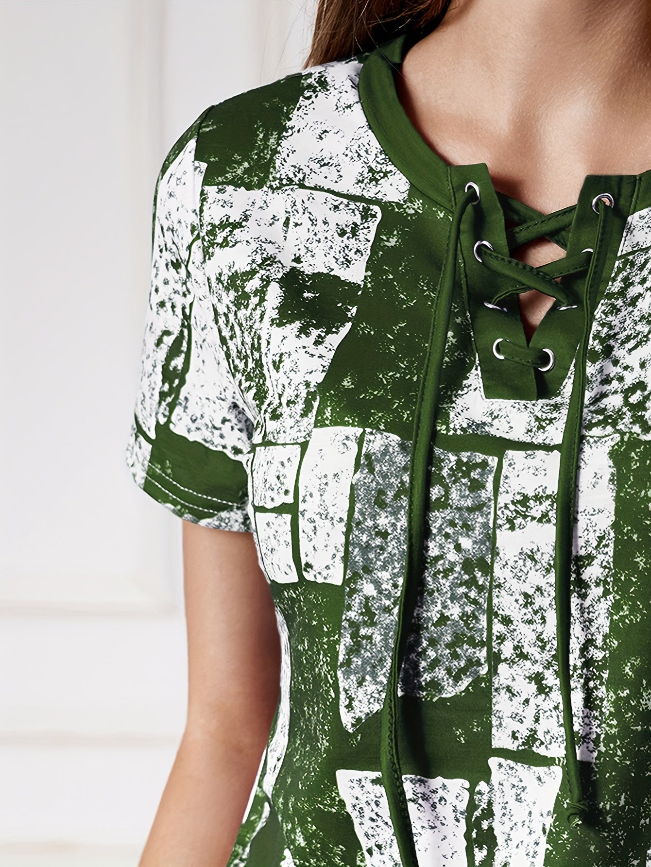 Graphic Print Lace Up V Neck T-shirt, Summer Casual Short Sleeve Top, Women's Clothing