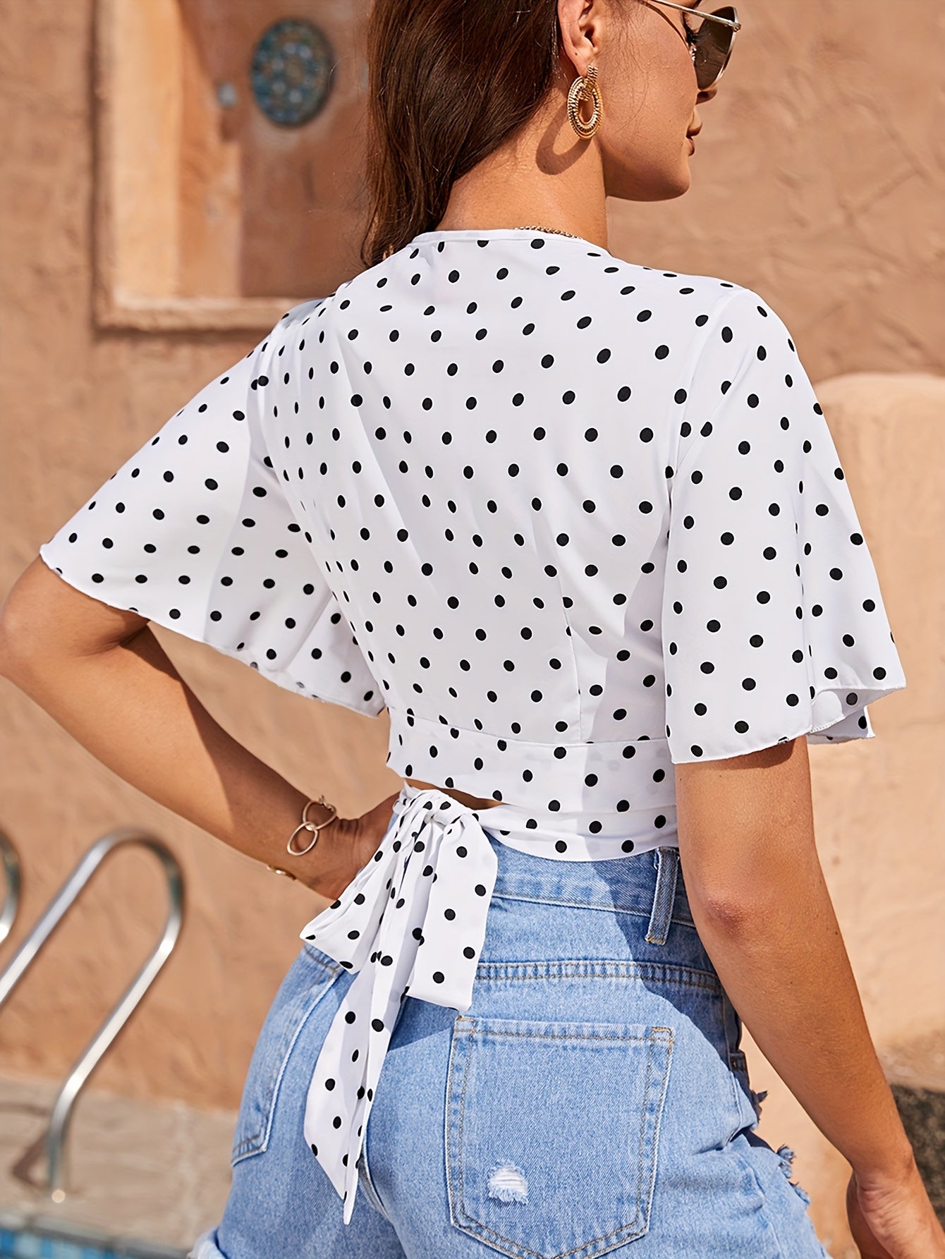 Polka Dot Print Surplice Neck Blouse, Elegant Ruffle Sleeve Crop Top For Spring & Summer, Women's Clothing