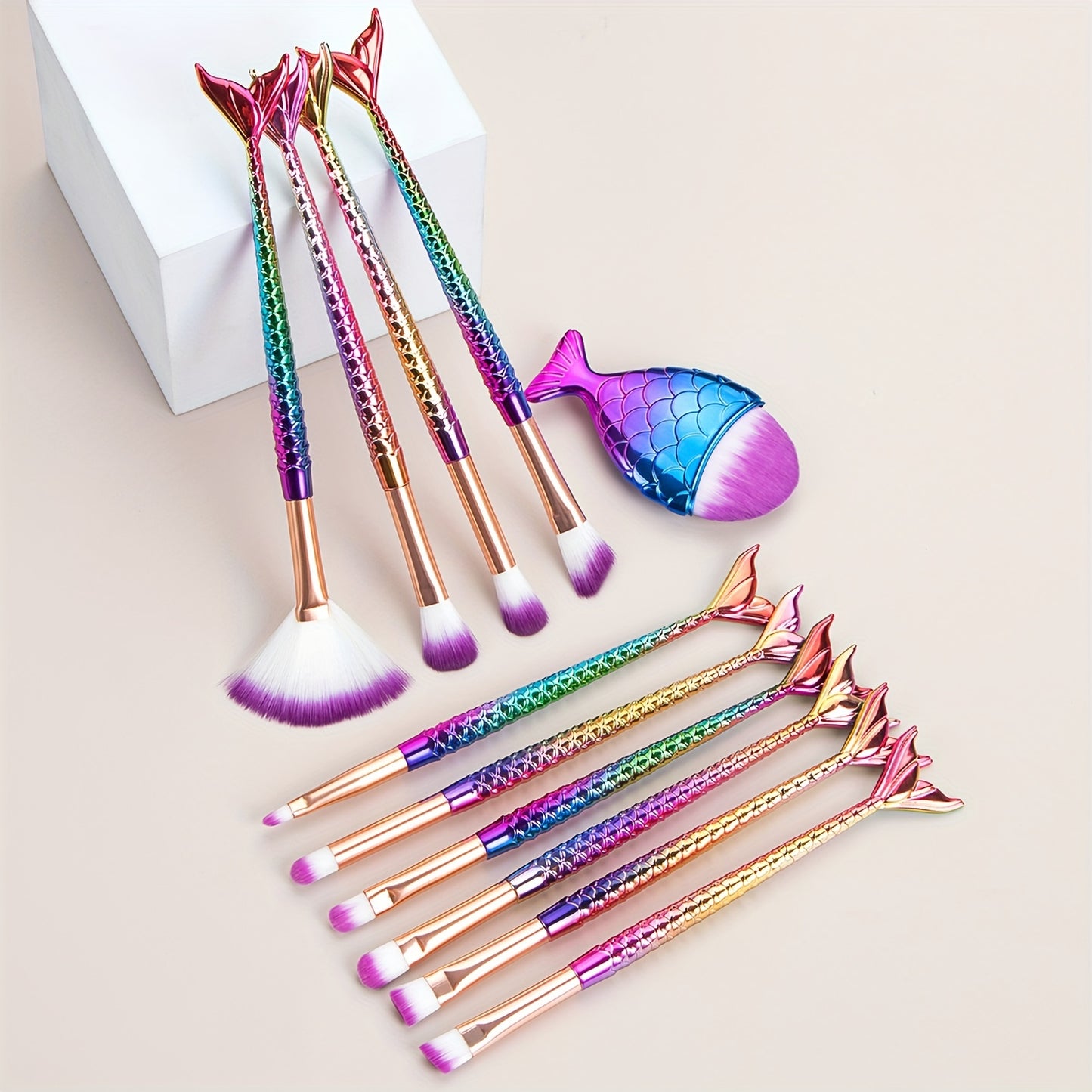 11pcs Mermaid Makeup Brush Set - Fish Tail Design, Nylon Bristles for All Skin Types, Fragrance-Free Beauty Tools