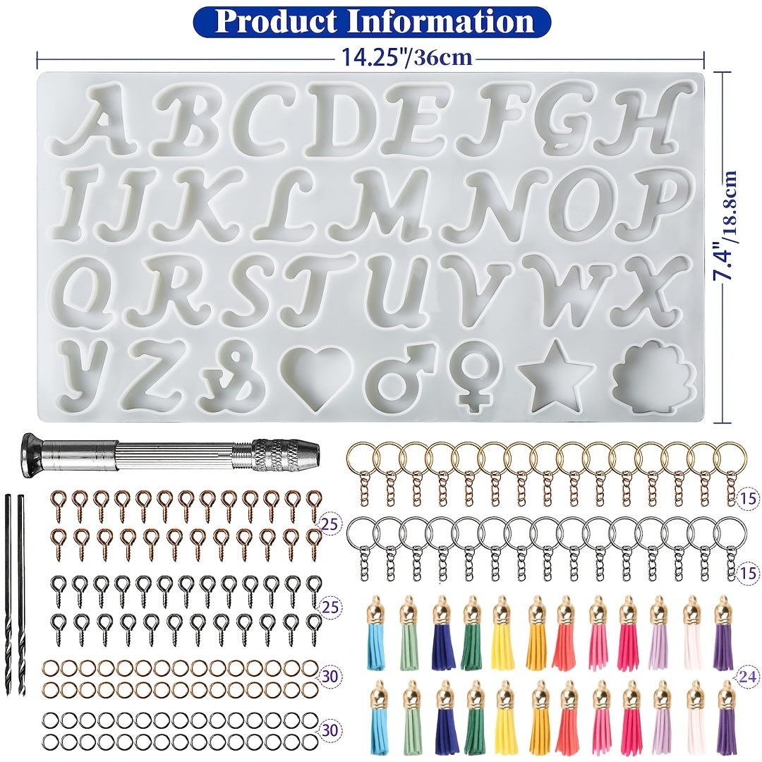 168pcs Obverse Alphabet Resin Molds Kit, Silicone Molds for Resin Casting DIY, Letter & Ornament Epoxy Molds Resin Keychain Making Set with 1 Hand Drill 2 Drill Bits 164pcs Keychain Supplies