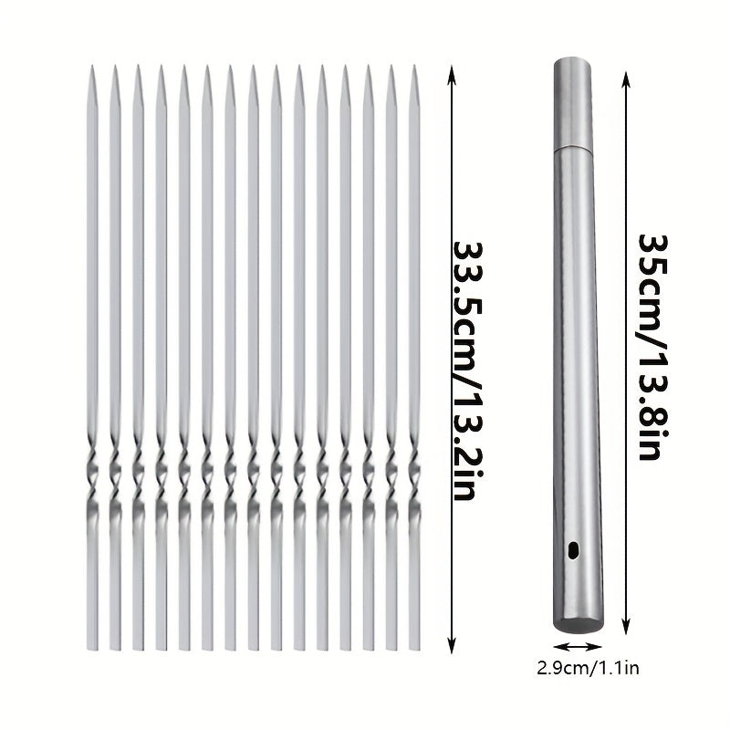 15pcs Stainless Steel Skewers & 1 Tube Storage For Barbecue, Reusable Grill Skewers, Shish Kebab BBQ Camping Flat Forks Gadgets, Outdoor Camping Picnic, Cookware Barbecue Tool Accessories