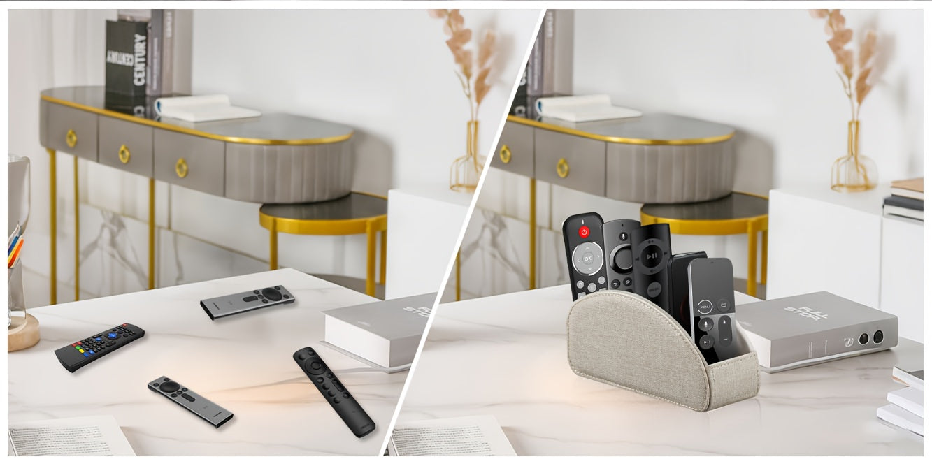 MILITWO 5-Compartment Faux Leather Remote Control Holder - Versatile Desktop Organizer for Appliance Controllers, Brushes, Eyeglasses & Office Supplies - Compact Storage Box with Pen Holder, Ideal for Home & Office Desk Organ