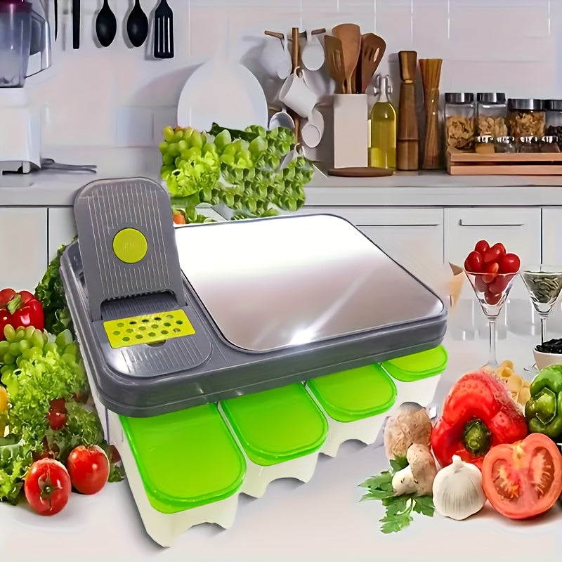 1pc Multifunctional Vegetable Chopping Box with Built-in Cutting Board and Various Blades, Stainless Steel Kitchen Slicer for Fine Slicing, Dicing, Strips, Egg Yolk Separation, Food Storage Container, Vegetable Cutter and Min