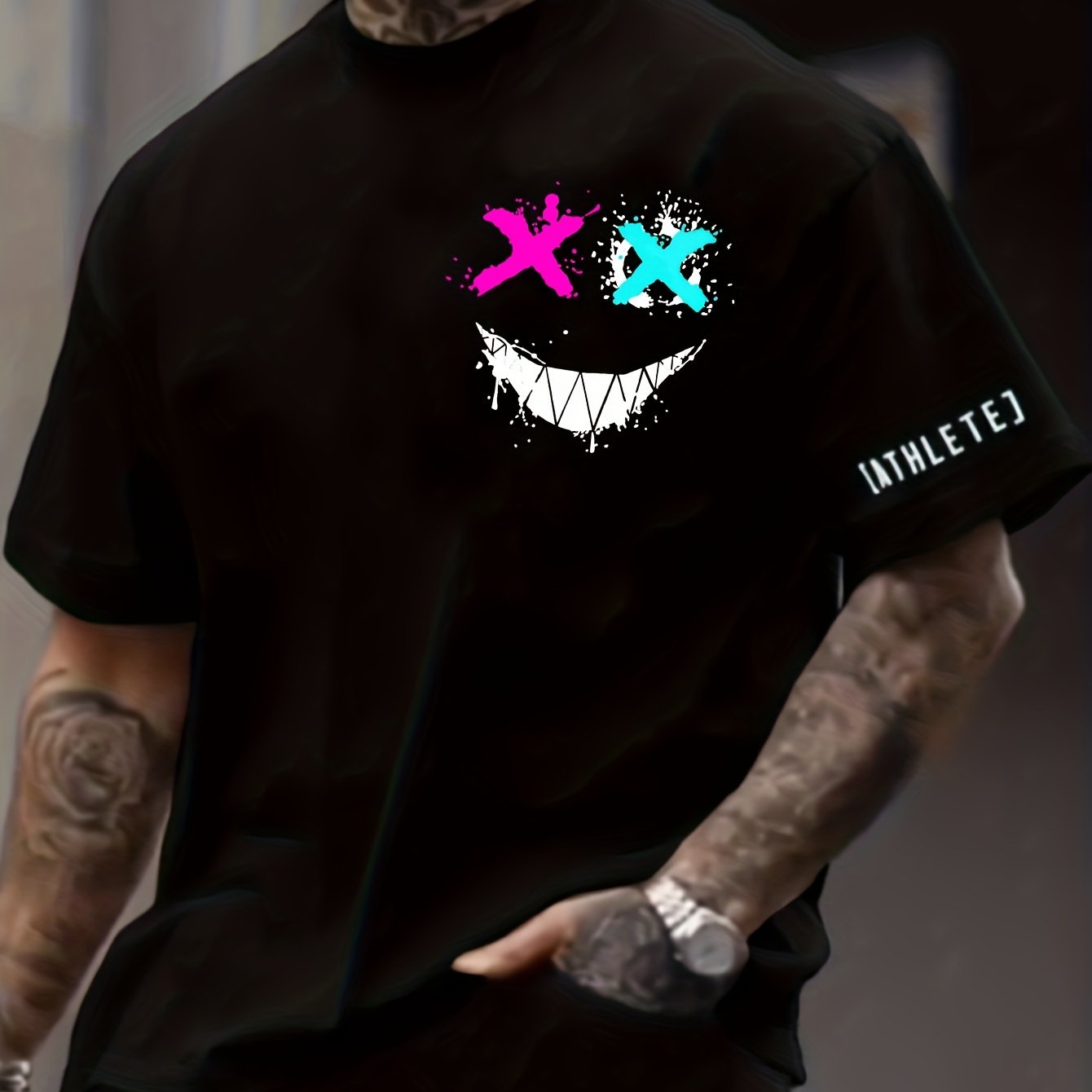 Smile Face Print, Men's Graphic Design Crew Neck T-shirt, Casual Comfy Tees Tshirts For Summer, Men's Clothing Tops For Daily Vacation Resorts