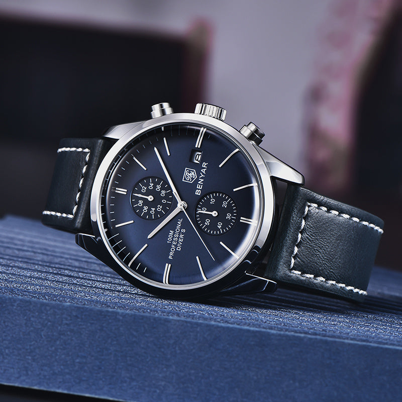 1pc New BENYAR Men's PU Leather Quartz Wristwatch, Men's 100M Multifunctional Watch Military Sports Chronograph Watch For Men