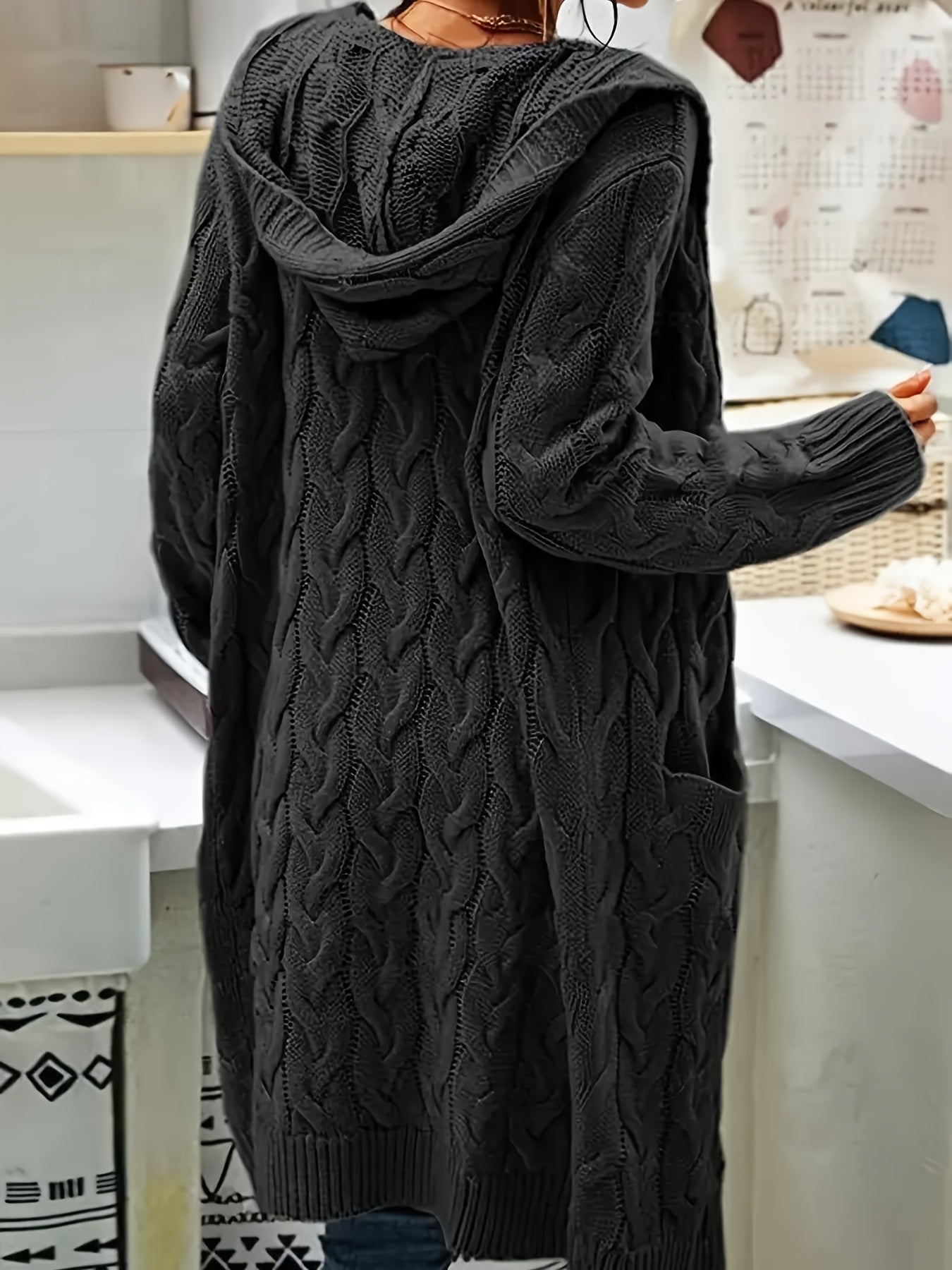 Women's Mid-Length Hooded Cardigan - Soft Stretchy Solid Color Long Sleeve Open Front Sweater with Pockets, Machine Washable Casual Elegance for Fall Winter, Everyday Comfort Wear, Stylish Hooded Design, Comfortable Fit