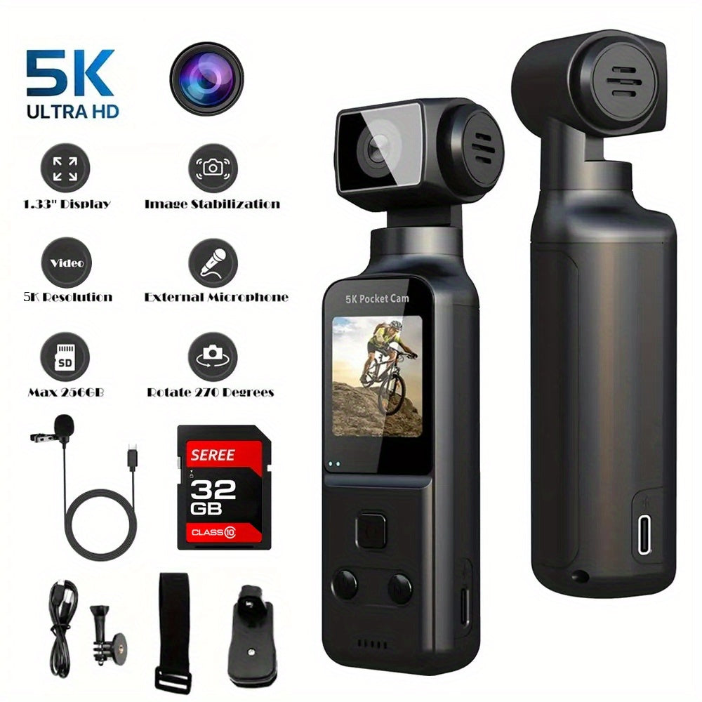 1pc 5K Vlog Camera with 3-Axis Gimbal & Magnetic Mount | 270° FOV + 3.38cm CMOS for American Style Beauty | Pocket-Sized | USB-C Fast Charge | Ultimate Travel/ Back to School Vlogging Kit (Easter Gifts Ready)