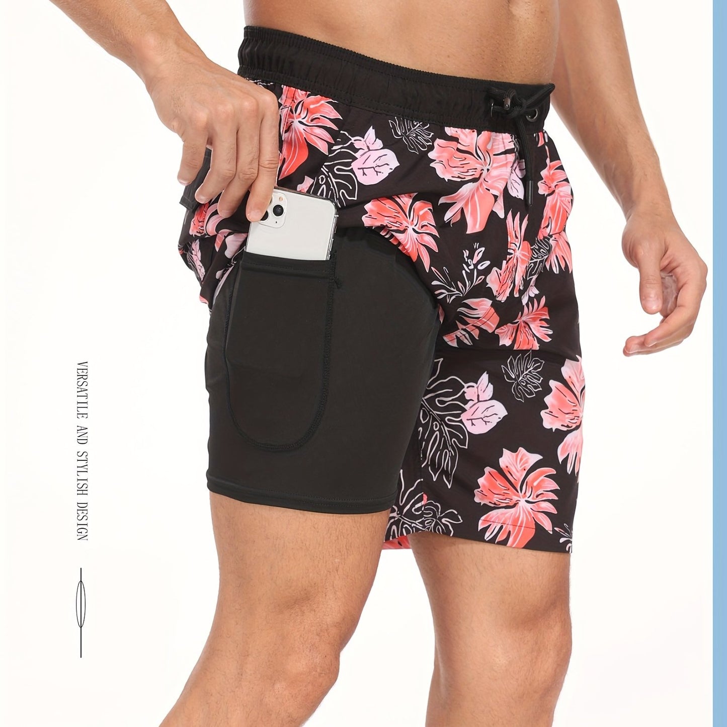 Men's Quick-Dry Beach Shorts with Tropical Palm Tree & Palm Leaf Print - Breathable Stretch Fabric for Summer, Outdoor, Hiking, Swimming - Machine Washable Casual Athletic Shorts, Outdoor Activewear, Summer Shorts