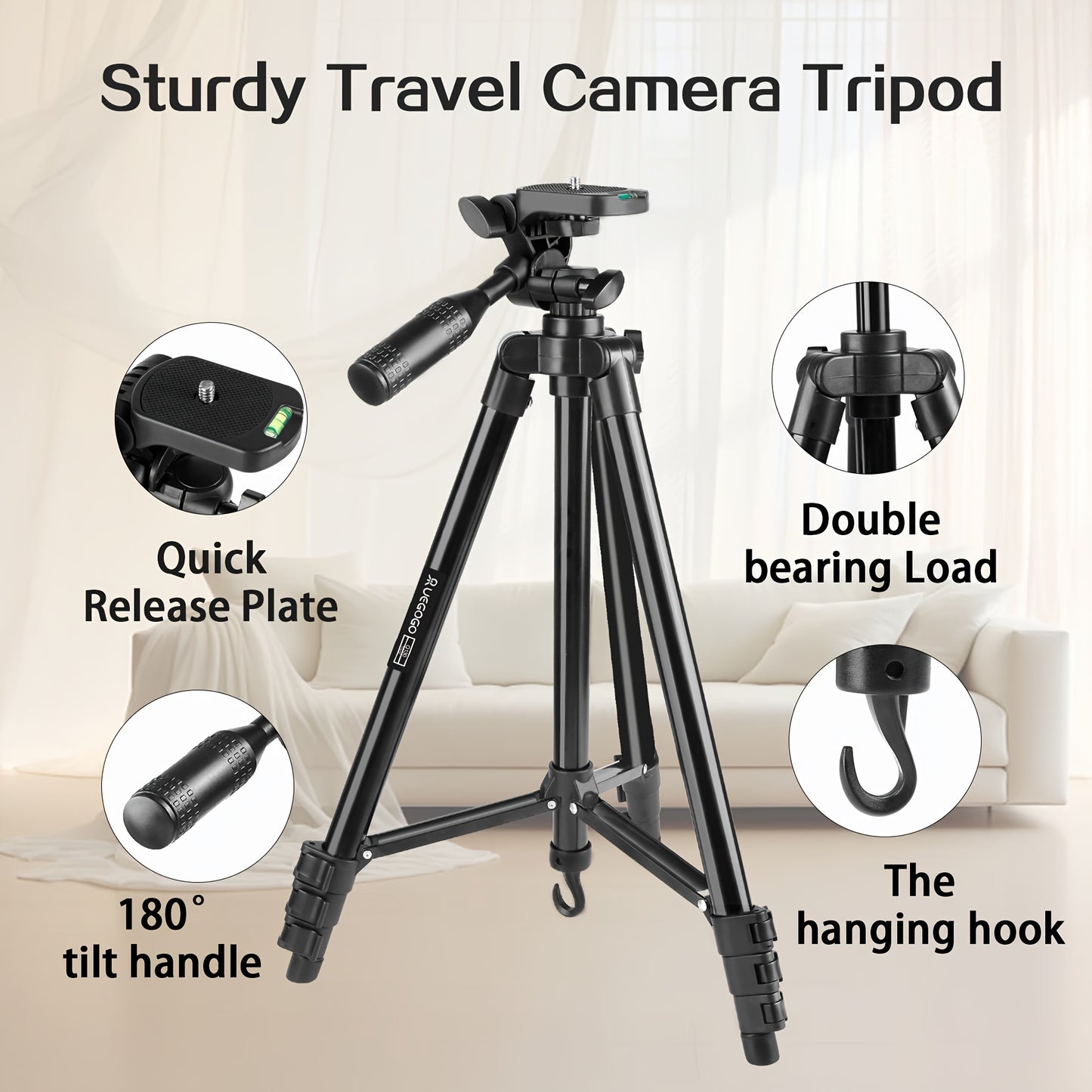 Ultra-Light 129.54cm Professional Tripod with 360° Rotating Pan Head for Phones & Cameras - Ideal for Recording & Live Streaming, Easy to Carry, UEGOGO