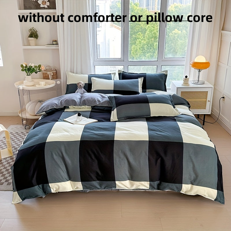 Soft and breathable 4pcs bedding set - Creative space plaid pattern, machine washable - includes sheet, duet and 2 pillowcases for all seasons - ideal for student dormitories, bedrooms and guest rooms