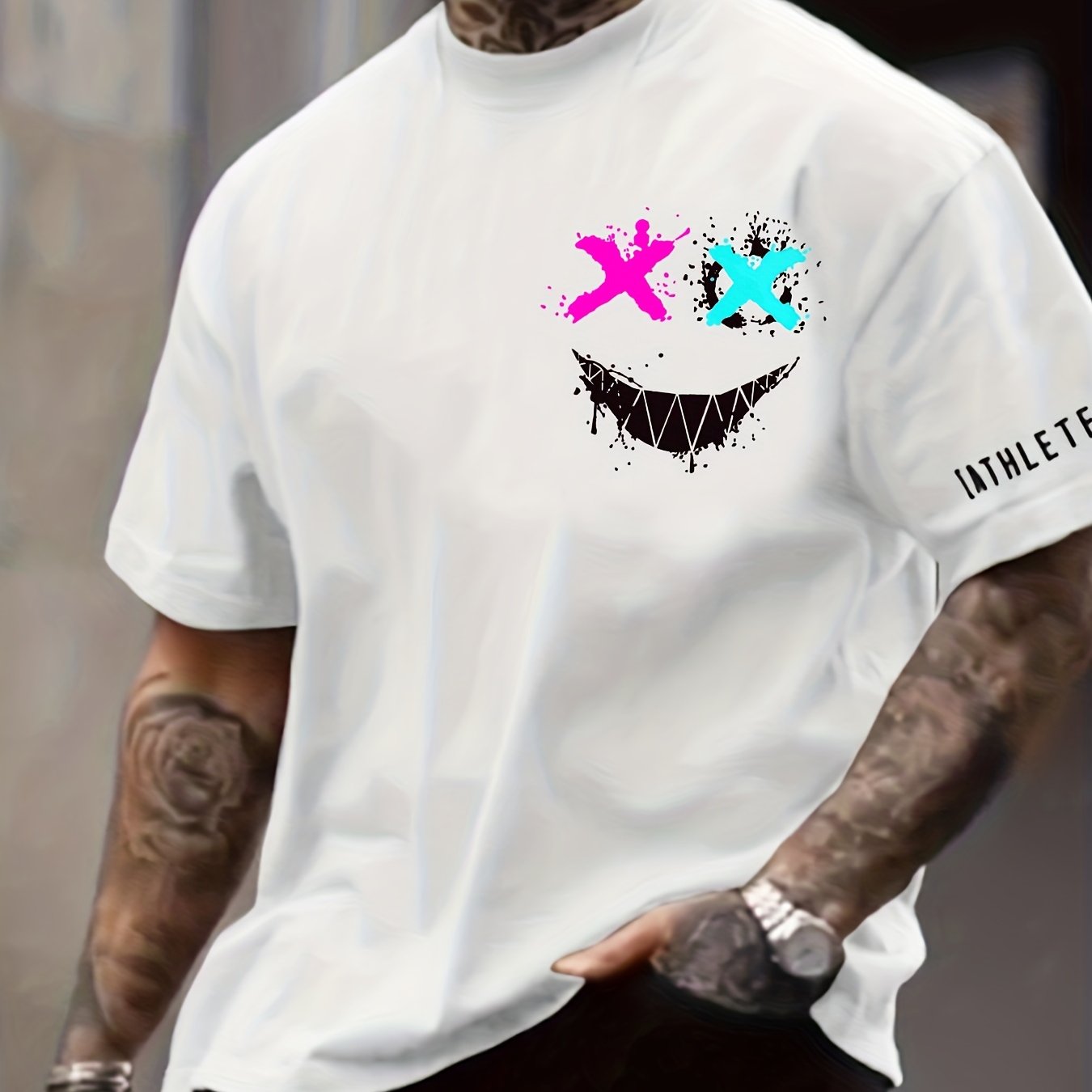 Smile Face Print, Men's Graphic Design Crew Neck T-shirt, Casual Comfy Tees Tshirts For Summer, Men's Clothing Tops For Daily Vacation Resorts