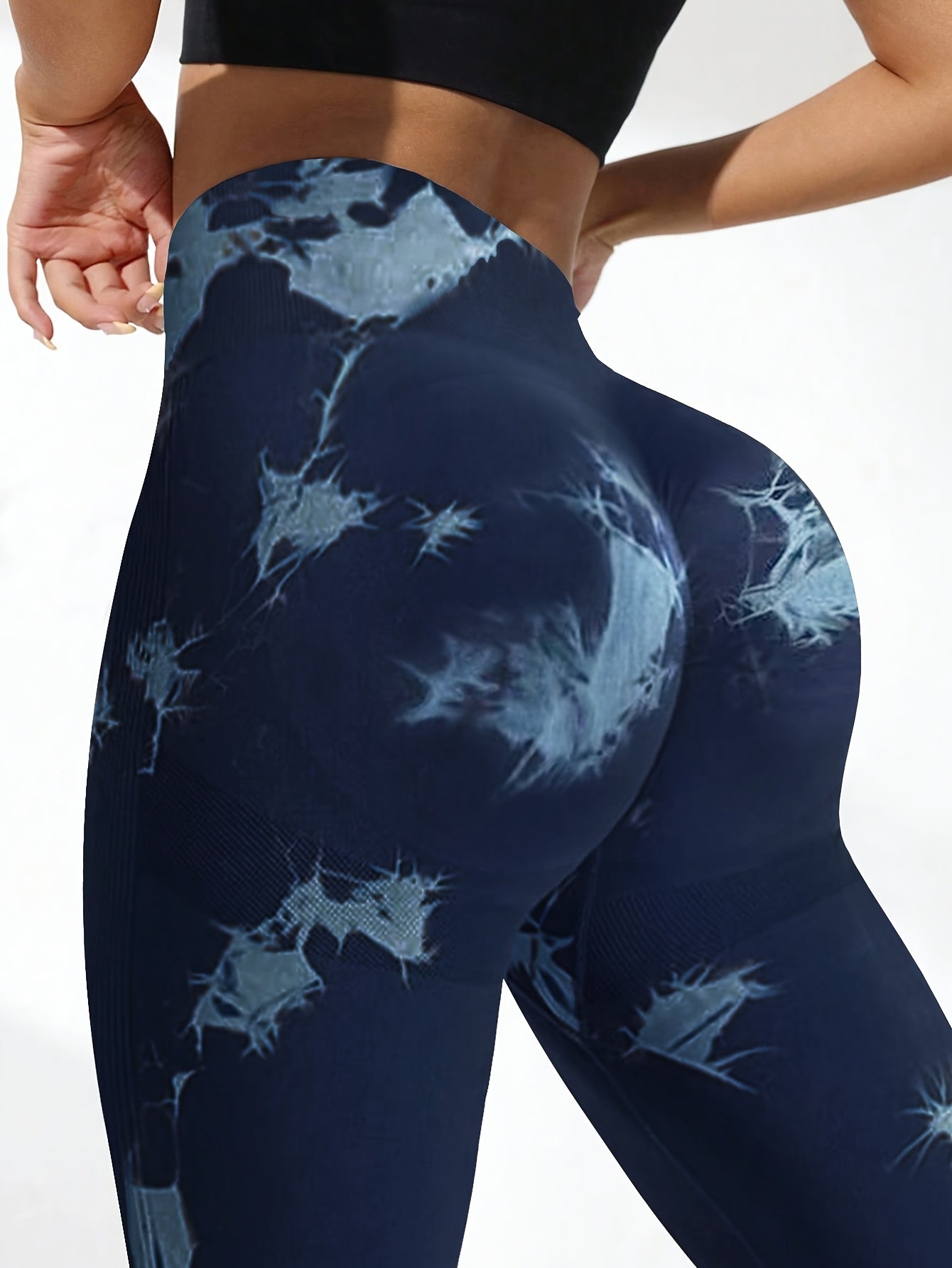 Women's High-Waisted Tummy Control Compression Leggings - Seamless Tight-Fit Gym Pants with Ombre Blue Tie-Dye Print, Full-Length Non-Sheer (Machine Washable, All-Season), for Women, Trendy, Stretchy Fabric, Wear, Lifestyle