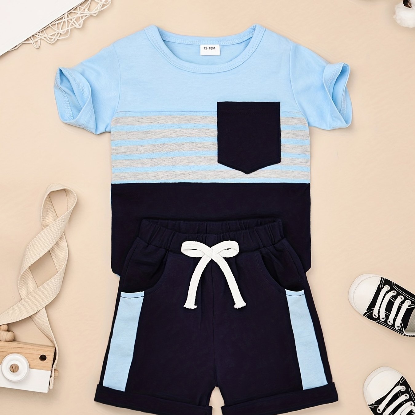 2pcs Baby Boys Summer Outfit Set - Cotton & Polyester Crew Neck T-Shirt with Stripes & Patch Detail, Short Sleeve, Drop Shoulder, Knit Fabric, with Matching Shorts with Belt & Fake Drawstring - Regular Fit, for Outdoor