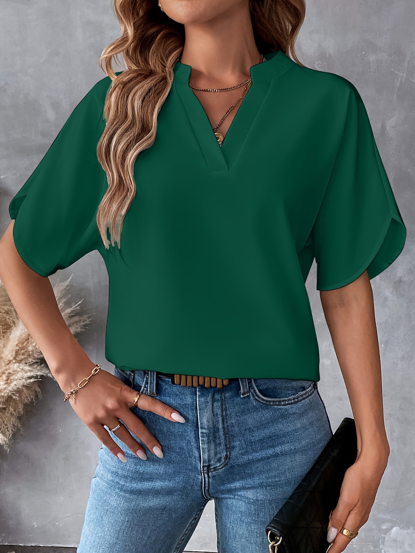 Solid Color Notch Neck Blouse, Casual Short Split Sleeve Blouse For Spring & Summer, Women's Clothing