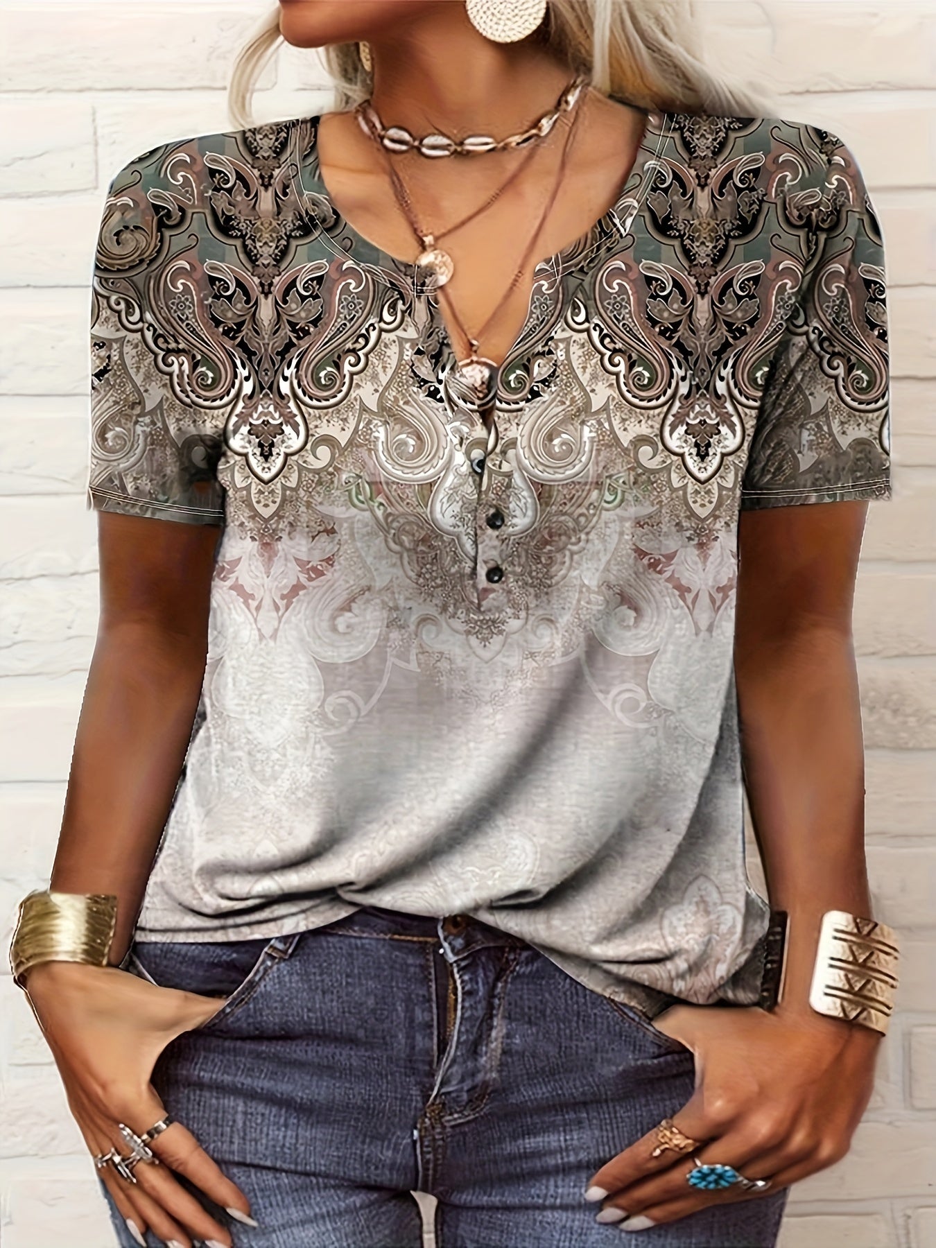 Paisley Print Notched Neck T-Shirt, Casual Short Sleeve T-Shirt For Spring & Summer, Women's Clothing