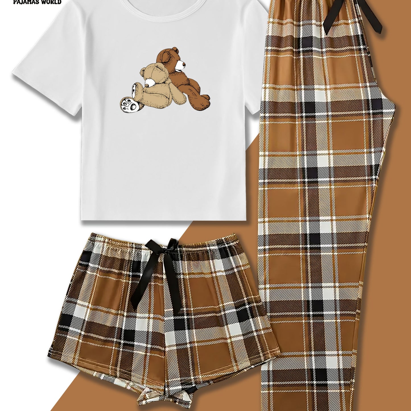Women'S Casual Cartoon Bear & Plaid Pajama Set - Soft, Loose-Fit Short Sleeve Top with Elastic Waistband, Long Pants & Shorts, Cozy Fall/Winter Sleepwear
