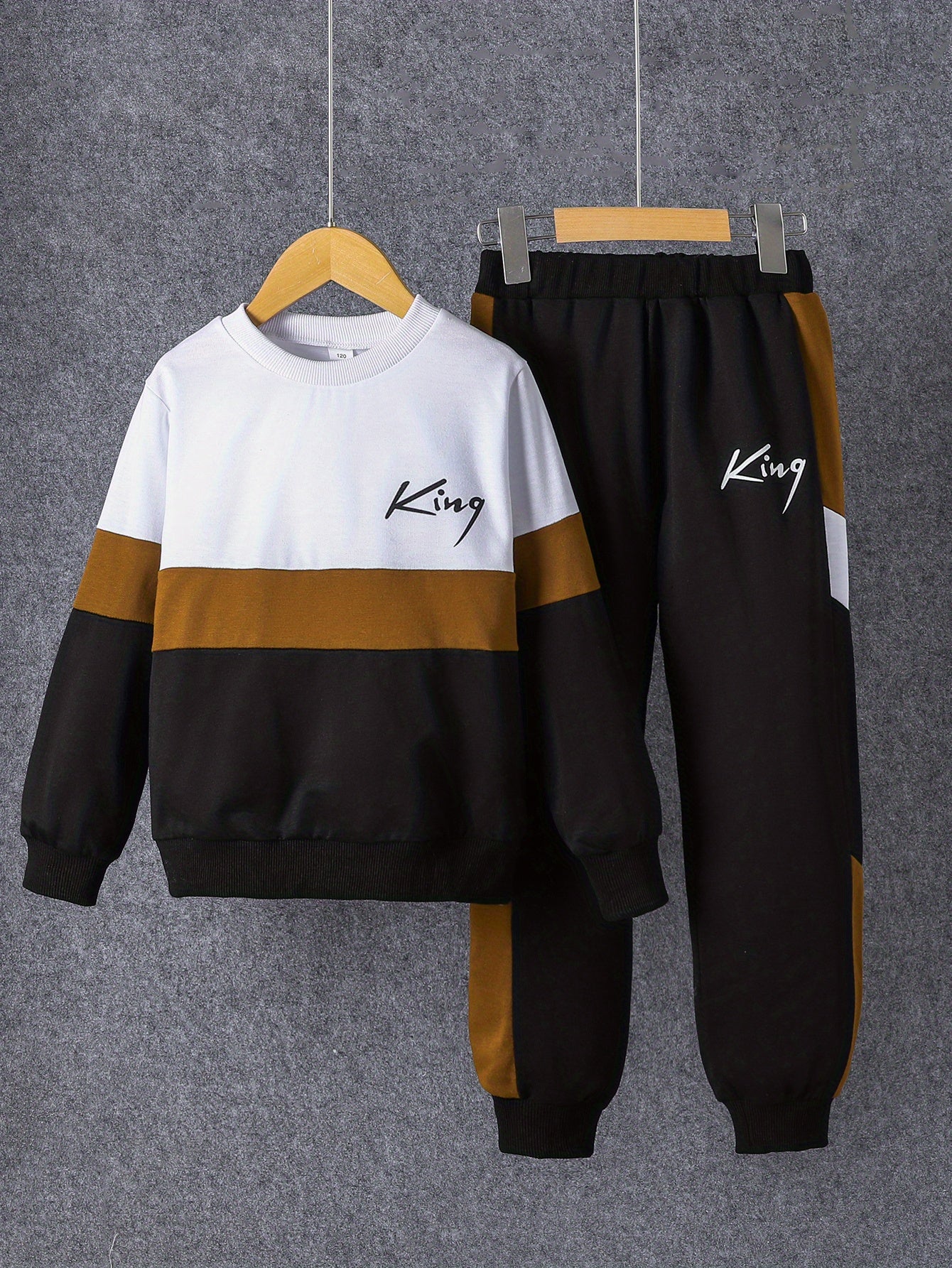European and American Children's Clothing Boy's Long Pants Suit Medium and Large Children's Printed Letter King Contrast Color Sweatshirt and Long Pants Suit