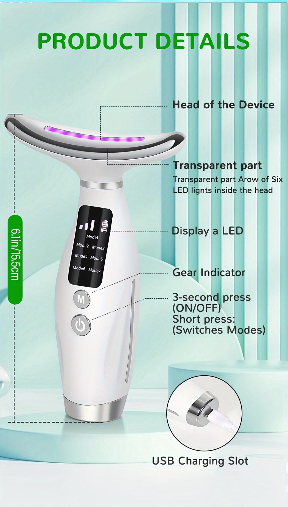 Radiant Rejuvenation 7-Color LED & Heated Facial Massager - USB Rechargeable, Fragrance-Free Skin Care Tool for Women - Perfect Mother's Day Gift
