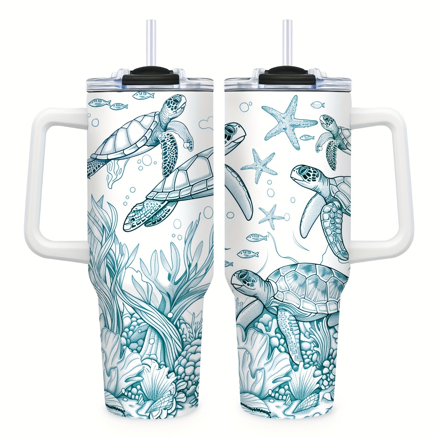 1pc Sea Turtle Tumbler 40oz Tumbler with Handle, Stainless Steel Turtle Water Bottle Travel Mug Coffee Wine Cups Sea Turtle Tumblers for Sea Turtle Lovers Gifts for Women