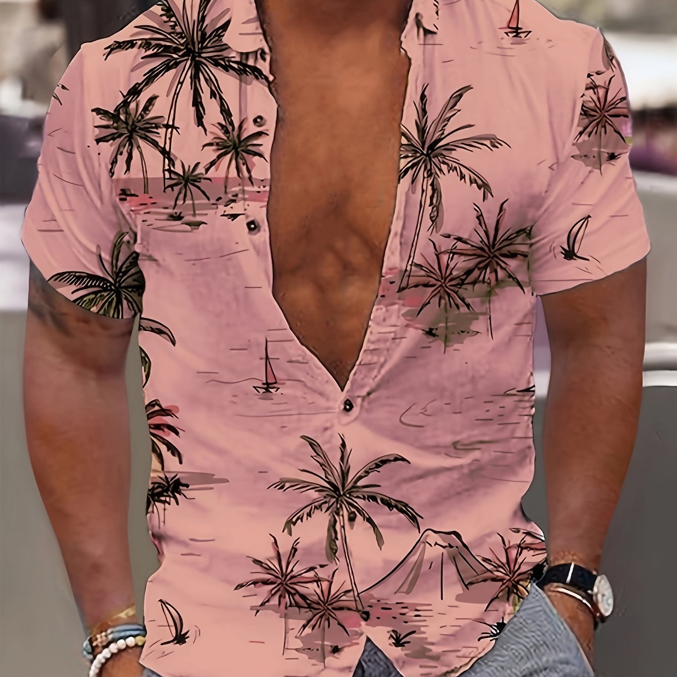 Men's Shirt Top, Coconut Tree Print Short Sleeve Button Up Shirt For Daily Holiday Resorts, Beach Shirts For Men