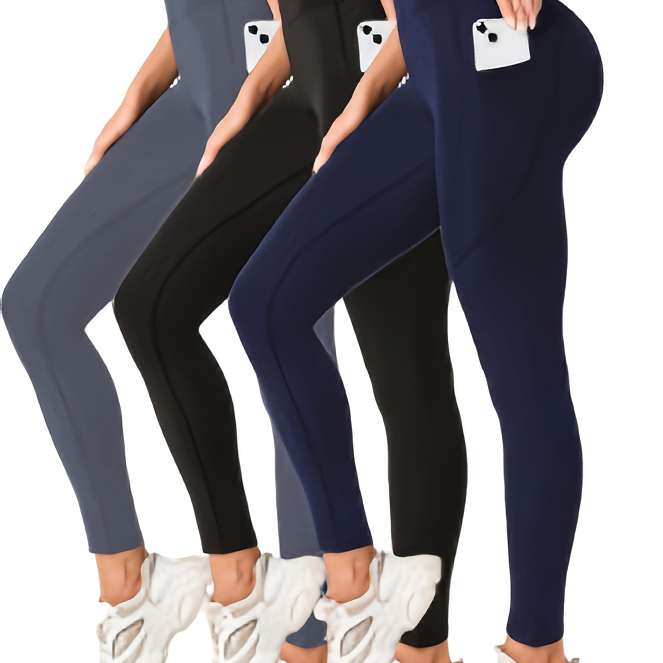 3pcs High-Waist Yoga Leggings with Pockets - Tummy Control, Slimming Effect, Stretchy & Breathable Fabric, Black/Brown/Gray, Perfect for Yoga & Casual Attire