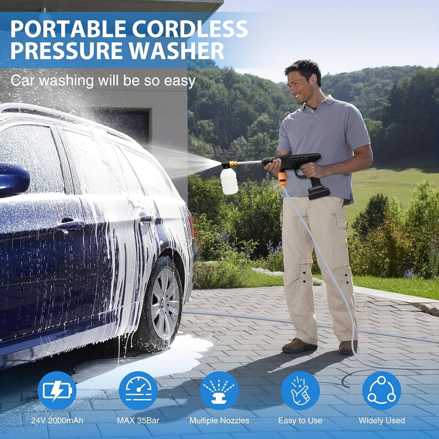 Lavadora de Alta Pressão Portátil 21V com 2 Baterias 1500mAh