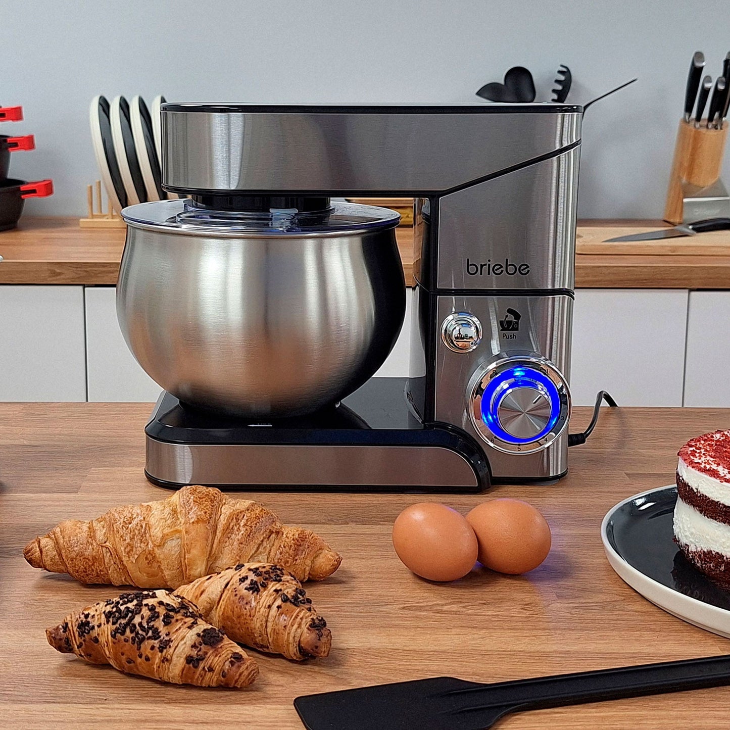 Mixer Kneader Pastry 1800W MAX, Professional Kitchen Robot + Scale, Orbital Movement, Rods, Dough Hook, 5 L Bowl, 6 Speeds + Pulse Function, Stainless Steel KM1114B, Briebe, Stainless Steel