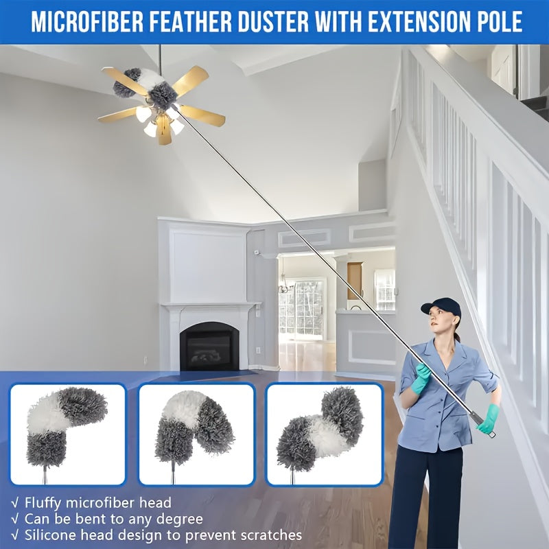 Microfiber Duster with 254.0 cm Telescopic Extension Pole Kit for High Ceilings, Cleaning Fan Spider Webs, Reusable and Washable Lightweight Ceiling Fan Nets, Blinds