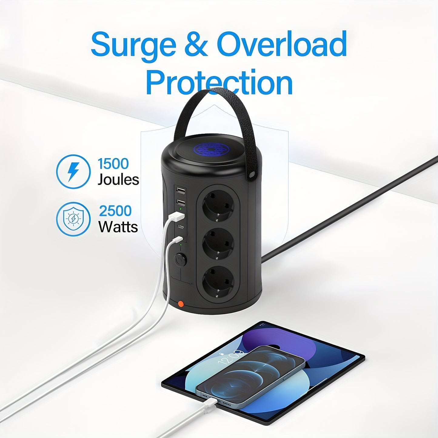 12-Slot Power Strip with 2 USB Fast Charging Ports, 2500W/10A, Voltage Protection, 2.8m Extension Cable, Desktop Tower Design & 2 Main Switches for Home/Office - EU Plug (Black)