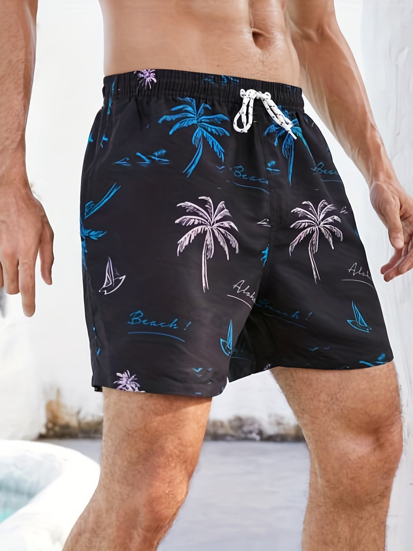 Men's Quick Dry Hawaiian Board Shorts With Pockets, Casual Coconut Tree Graphic Drawstring Swim Trunks For Summer Vacation Beach Pool Outdoor