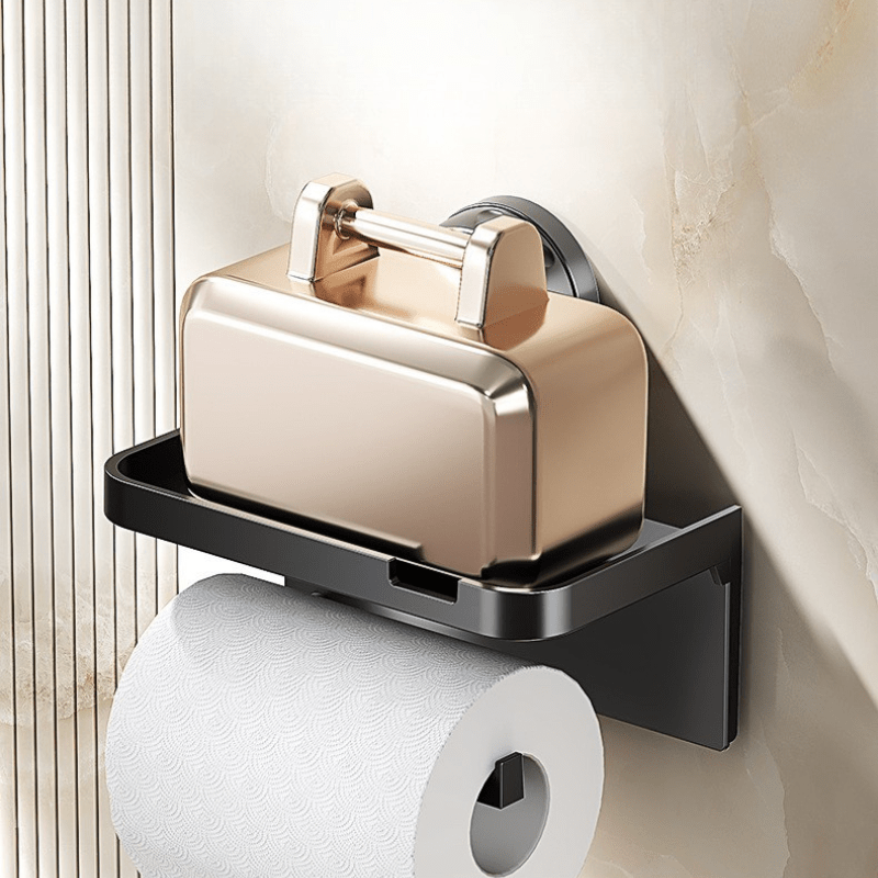 1pc Household Toilet Paper Holder with Storage Box, Suction Cup Wall-Mounted Bathroom Tissue Rack – No Drilling Required. Includes Phone Stand for Convenient Use in the Home or Shower Room, Toilet Tissue Holder for Bathroom