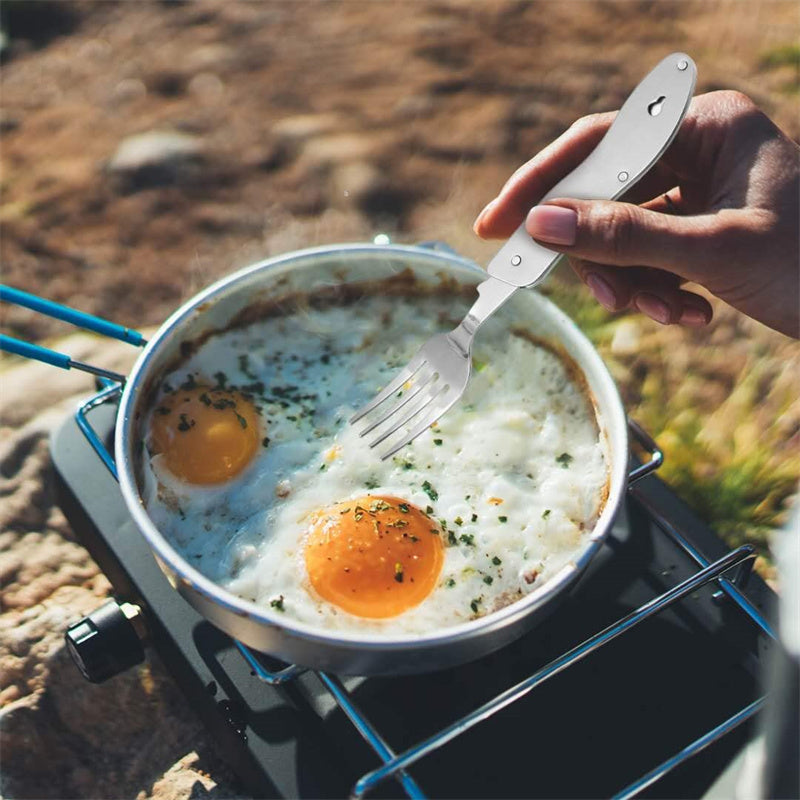 Stainless Steel 4-in-1 Outdoor Tableware Set with Folding Spoon, Fork, Knife, and Bottle Opener - Perfect for Camping, Picnics, Hiking, and Travel