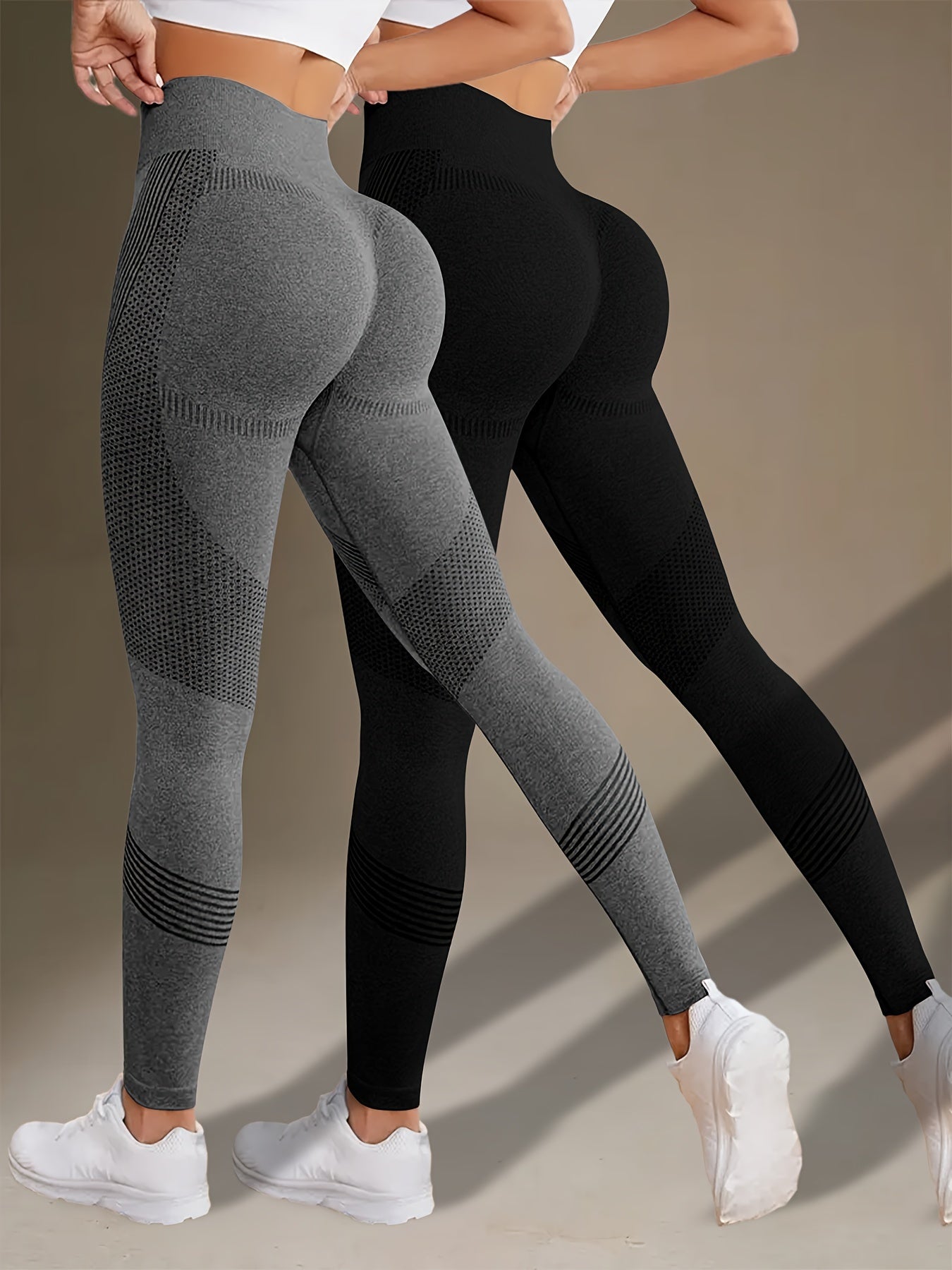 2pcs Solid Color Fitness Yoga Sports Leggings, High Stretch Tummy Control Yoga Leggings, Women's Activewear
