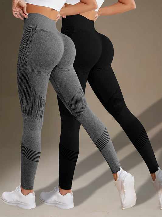 2pcs Solid Color Fitness Yoga Sports Leggings, High Stretch Tummy Control Yoga Leggings, Women's Activewear