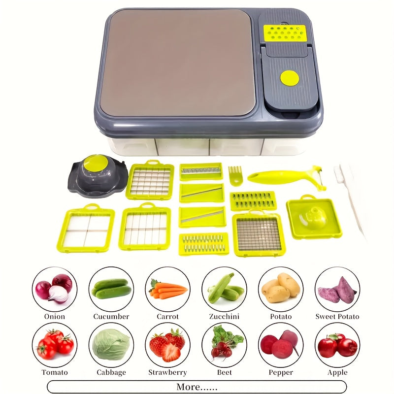 1pc Multifunctional Vegetable Chopping Box with Built-in Cutting Board and Various Blades, Stainless Steel Kitchen Slicer for Fine Slicing, Dicing, Strips, Egg Yolk Separation, Food Storage Container, Vegetable Cutter and Min