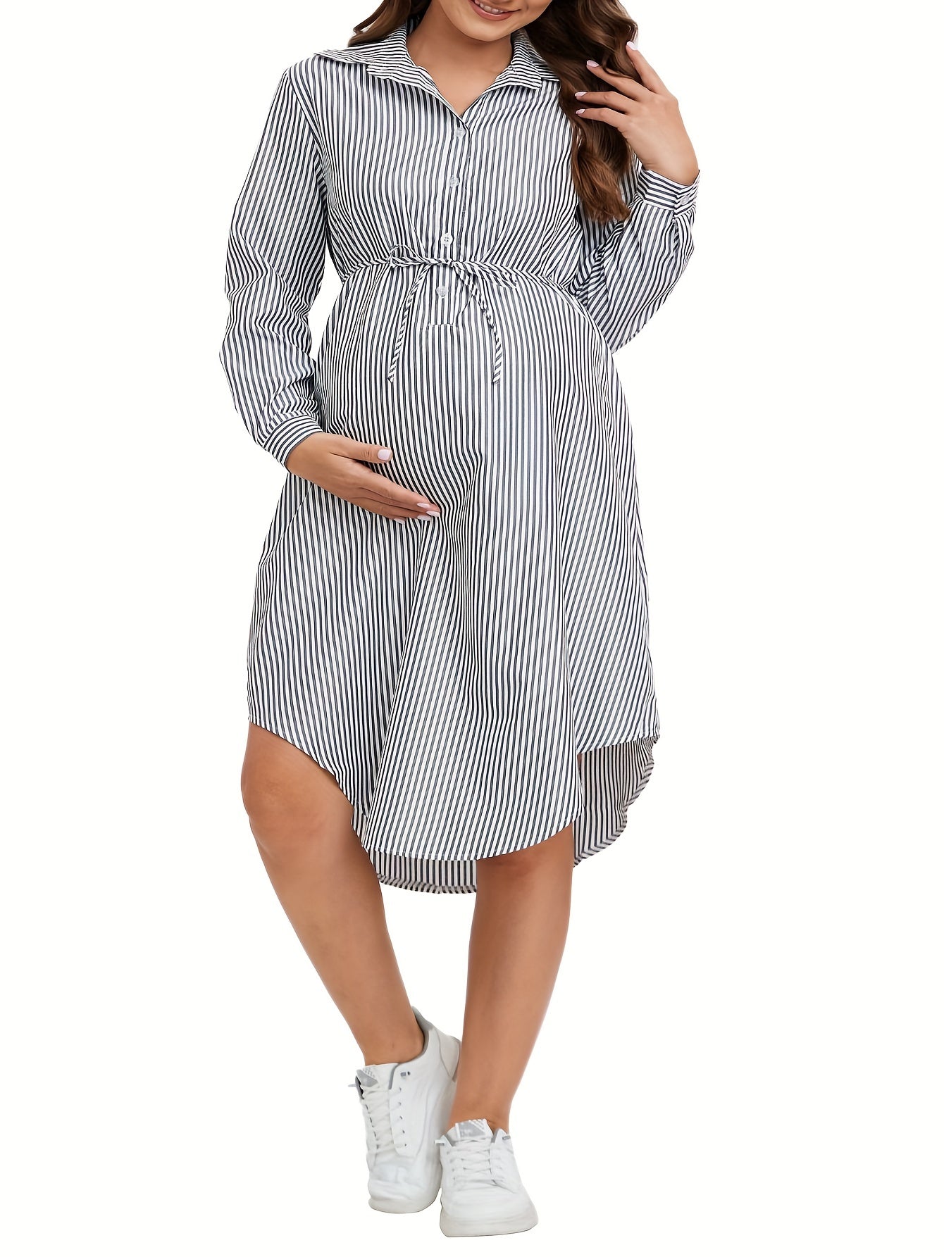 Elegant Striped Maternity Dress with Belt - Long Sleeve, Knee-Length Shirt Style for Women, Machine Washable, Loose, Collar