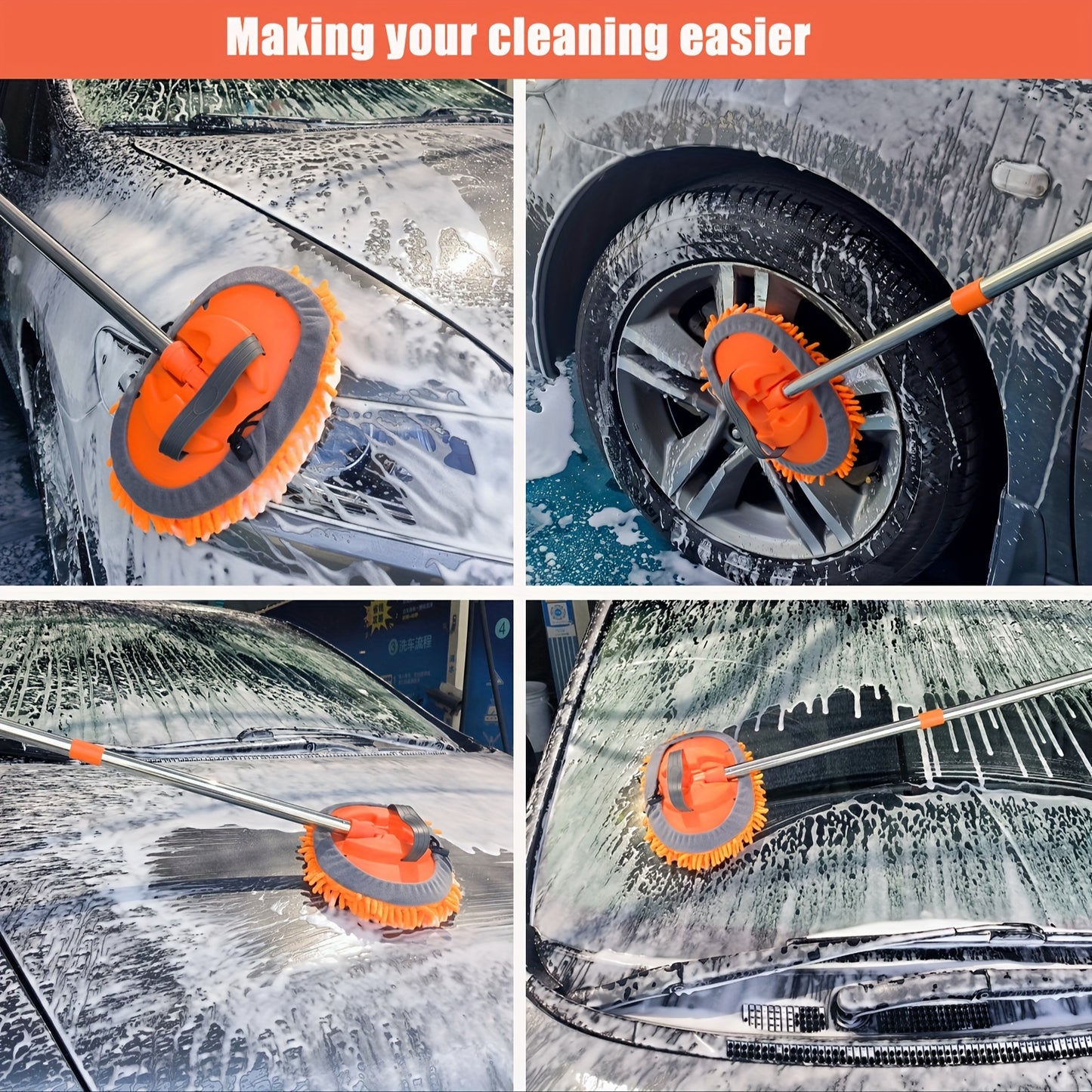 120.65cm Microfiber Car Wash Brush Mop Set, Chenille Microfiber Sponge Duster No Paint Damage No Scratches, Long Handle Kit 2in 1 for Cleaning Cars, Trucks, SUVs, RVs, Trailers, Boats
