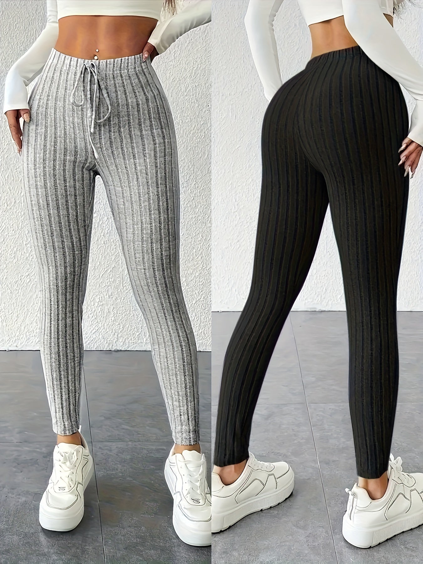 Two-Pack High-Waisted Pants, High Elasticity Solid Color Long Pants for Women, Tummy Control and Body Shaping, Suitable for Daily Wear, Comfortable Women'S Outerwear Leggings, Multi-Pack, Women' Ribbed Two Piece Casual Wide L