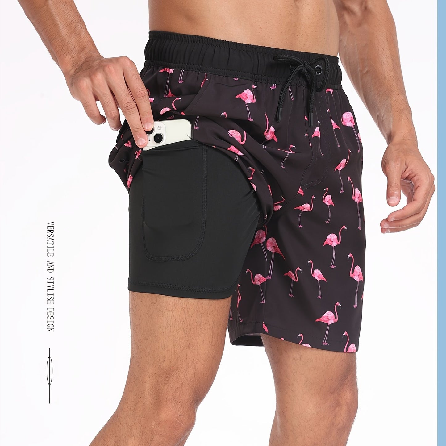 Men's Quick-Dry Beach Shorts with Tropical Palm Tree & Palm Leaf Print - Breathable Stretch Fabric for Summer, Outdoor, Hiking, Swimming - Machine Washable Casual Athletic Shorts, Outdoor Activewear, Summer Shorts