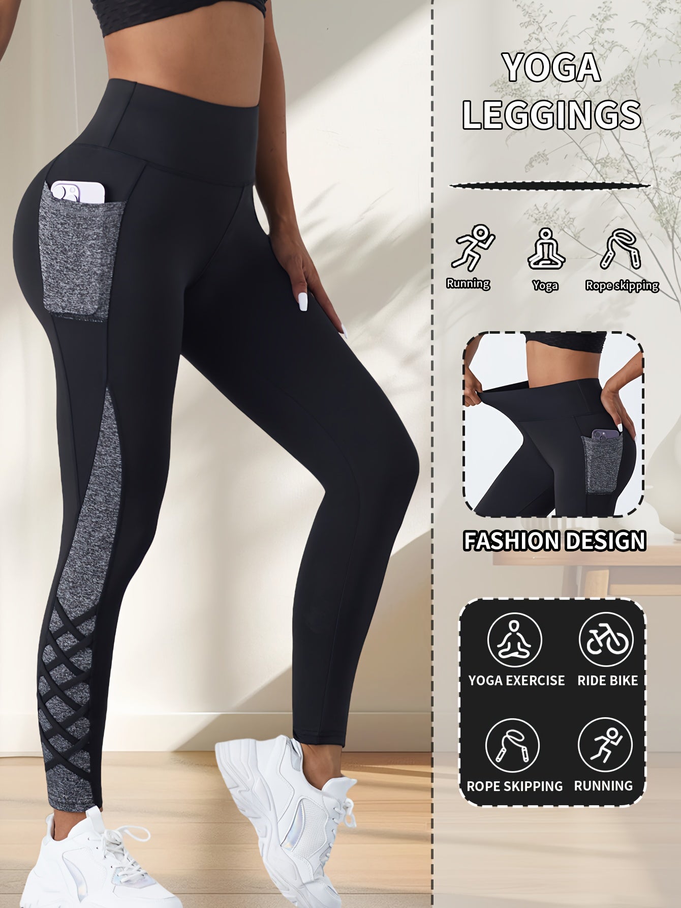 Women's High-Waisted Yoga Pants - Non-See-Through Workout Leggings with Side Pocket, Stretchy Gym Running Pants for Pilates, Cycling, Everyday - Machine Washable Athletic Bottoms (Black/Blue)