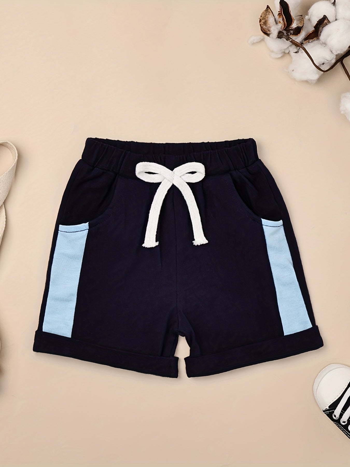 2pcs Baby Boys Summer Outfit Set - Cotton & Polyester Crew Neck T-Shirt with Stripes & Patch Detail, Short Sleeve, Drop Shoulder, Knit Fabric, with Matching Shorts with Belt & Fake Drawstring - Regular Fit, for Outdoor