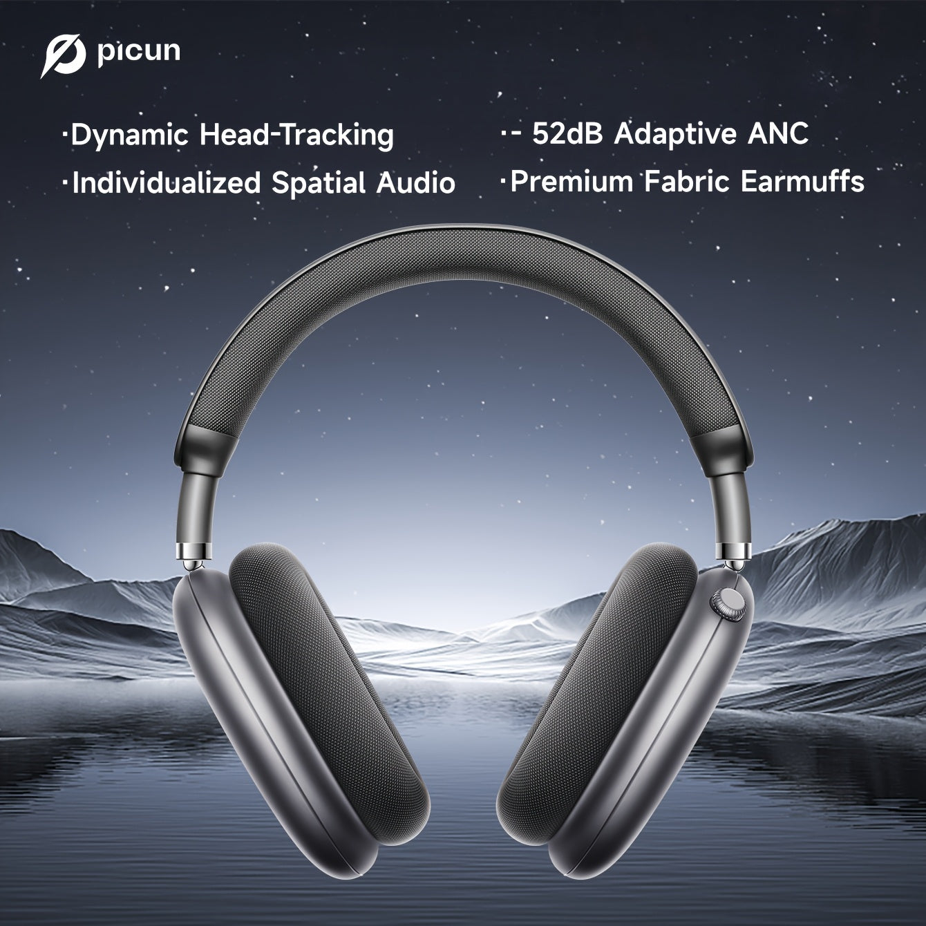 PICUN Wireless Headphones with Dynamic Head Tracking, -52dB ANC Noise Cancellation, 140Hrs Battery Life, Wireless 5.4, Wired/Wireless Switch, Double Connection & Multi-Mode Audio, Closed-back Design, Plastic Material, Compati