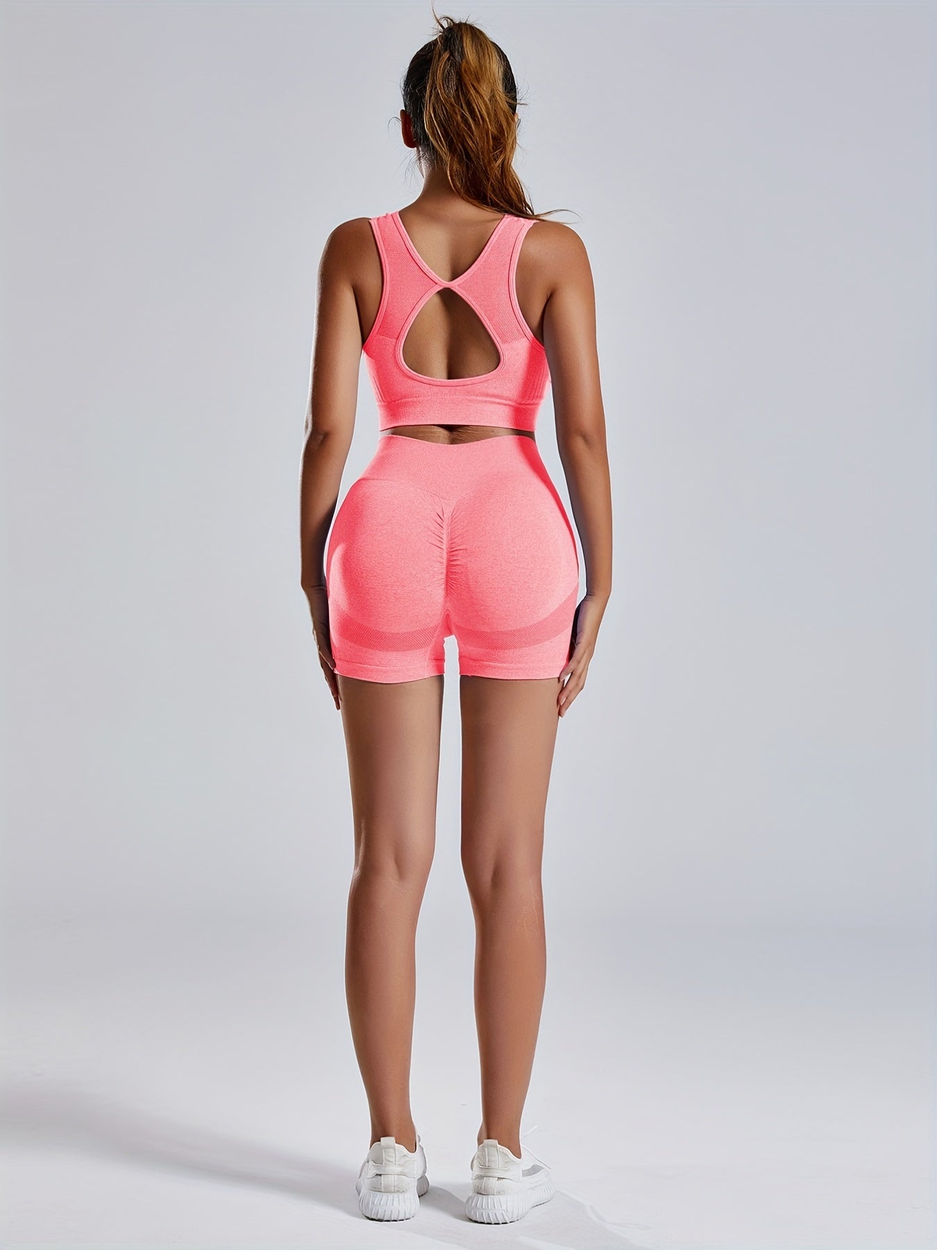 Women'S Seamless Sports Yoga Set, Summer New High Stretch Knit Fabric, Solid Color Polyamide 90% Elastane 10%, Short Length Fitness Gym Wear with Backless Bra and Butt Lifting Yoga Pants