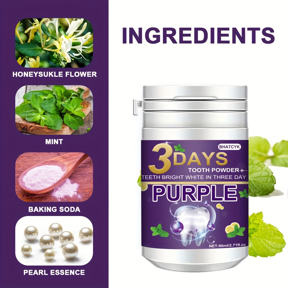 BHATCYK 3 Days Purple Teeth Whitening Powder, Fresh Mint Flavor, 80ml/2.71oz, Teeth Polishing and Deep Cleaning Powder for Brighter Smile, Suitable for Daily Use and Travel